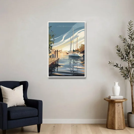 Long Beach Harbor and Sailboats - White Framed Canvas Wall Art - Sofa - 24x36