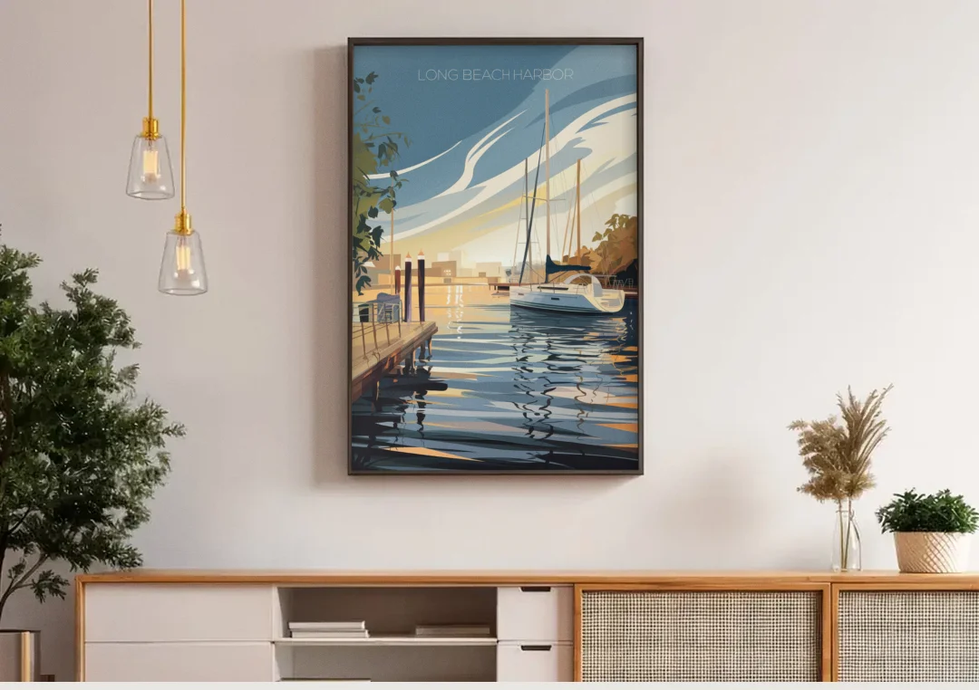 Long Beach Harbor and Sailboats canvas wall art above a wooden sideboard under pendant lights