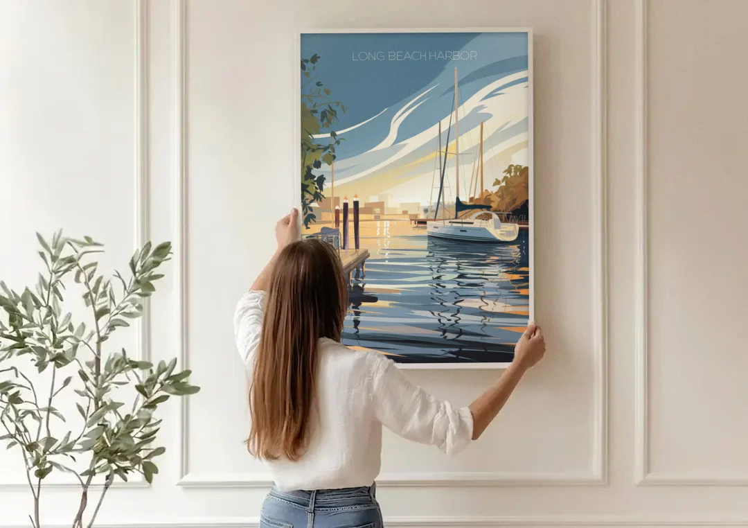 Long Beach Harbor and Sailboats canvas wall art being hung on a paneled wall