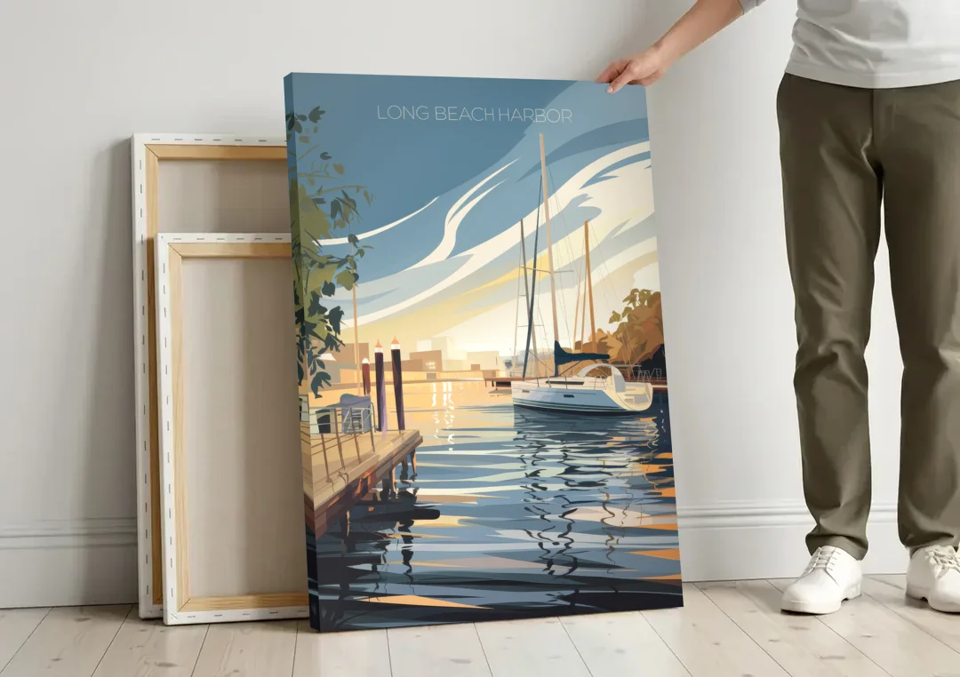 Long Beach Harbor and Sailboats canvas wall art leaning against a wall next to blank canvases
