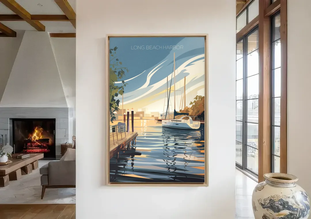 Long Beach Harbor and Sailboats canvas wall art in a living room with a fireplace