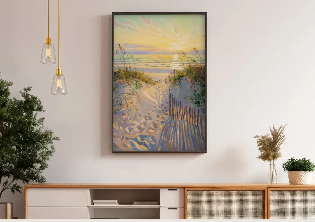 Long Beach Island Sunrise Glow canvas wall art above a wooden sideboard under pendant lights