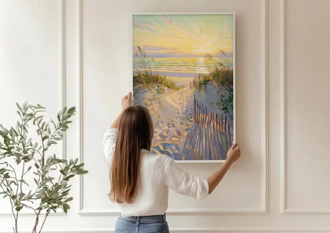 Long Beach Island Sunrise Glow canvas wall art being hung on a paneled wall