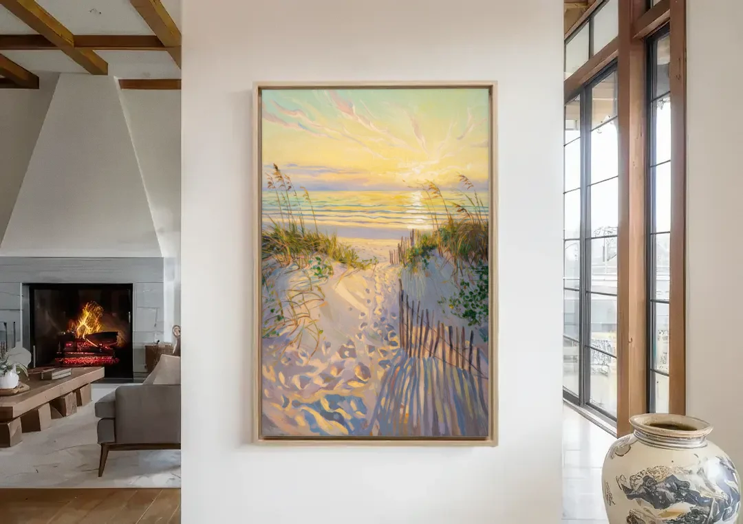 Long Beach Island Sunrise Glow canvas wall art in a living room with a fireplace
