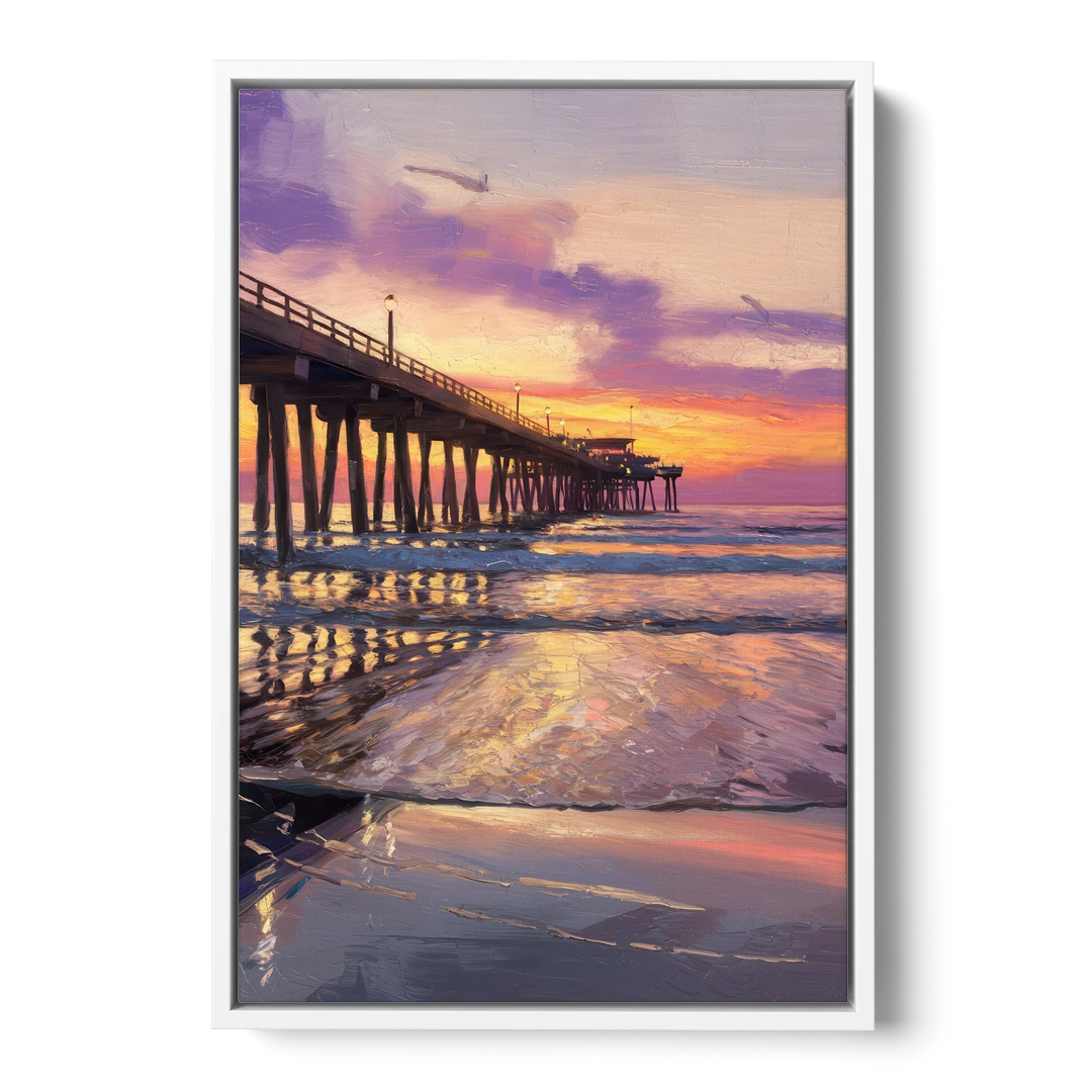Long Beach Pier at Sunset - White Framed Canvas Wall Art - Front