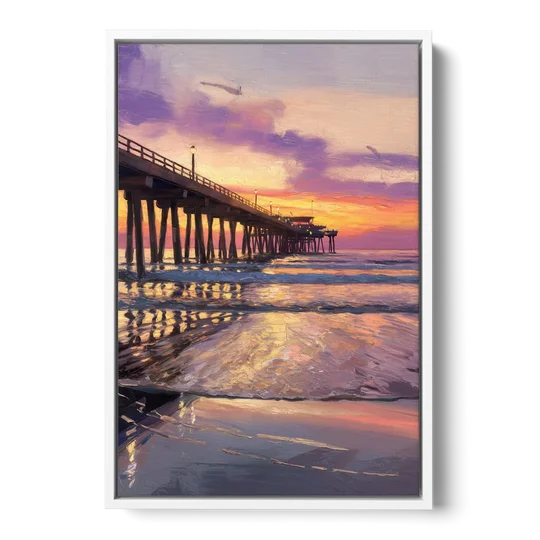 Long Beach Pier at Sunset - White Framed Canvas Wall Art - Front