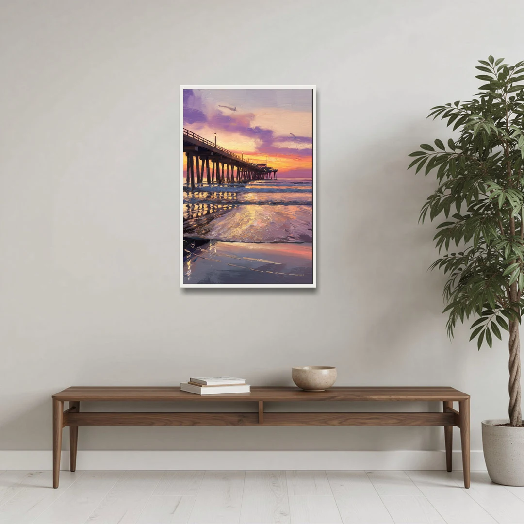 Long Beach Pier at Sunset - White Framed Canvas Wall Art - Coffee Table - 24x36
