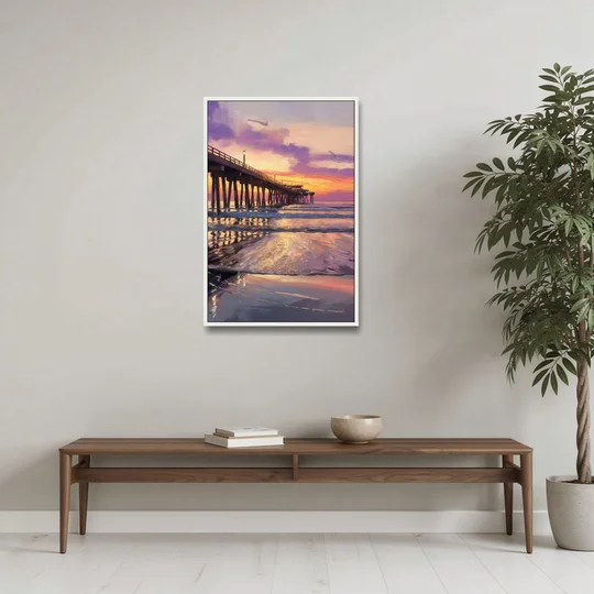 Long Beach Pier at Sunset - White Framed Canvas Wall Art - Coffee Table - 24x36