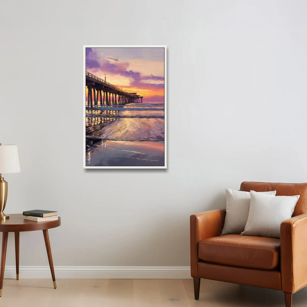 Long Beach Pier at Sunset - White Framed Canvas Wall Art - Sofa - 24x36