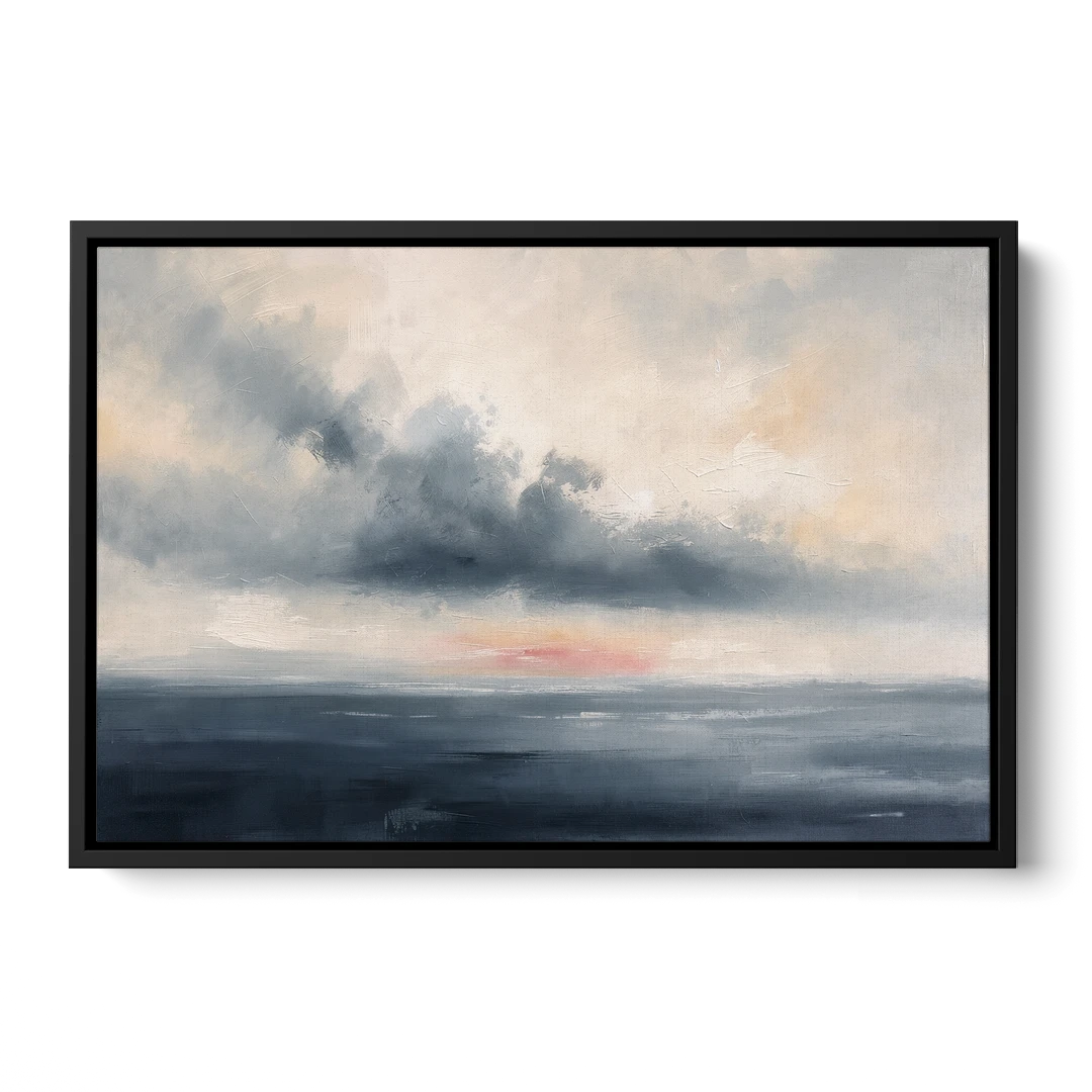 Long Horizontal Cloud Bank Over a Calm Sea - Black Framed Canvas Wall Art - Front
