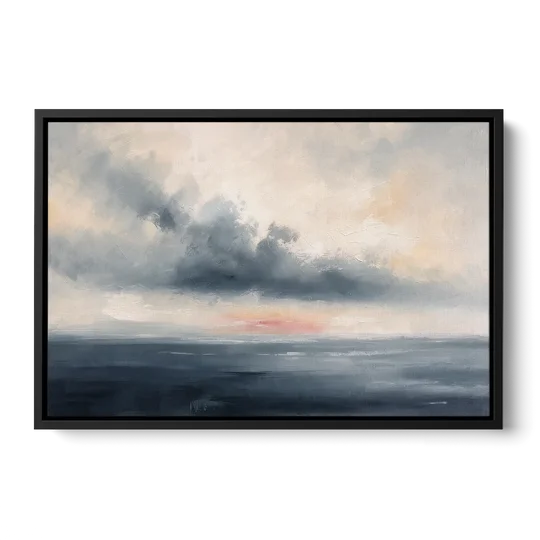 Long Horizontal Cloud Bank Over a Calm Sea - Black Framed Canvas Wall Art - Front