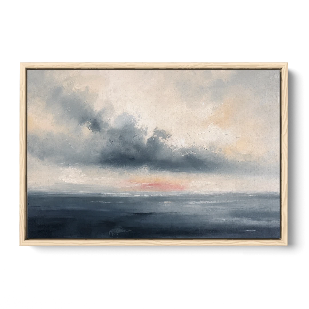 Long Horizontal Cloud Bank Over a Calm Sea - Oak Framed Canvas Wall Art - Front