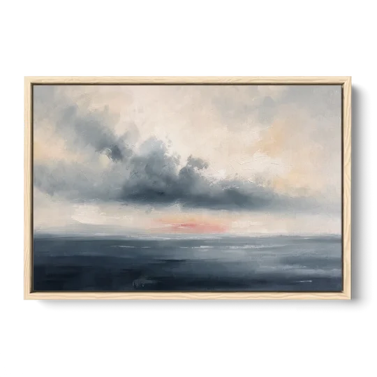 Long Horizontal Cloud Bank Over a Calm Sea - Oak Framed Canvas Wall Art - Front