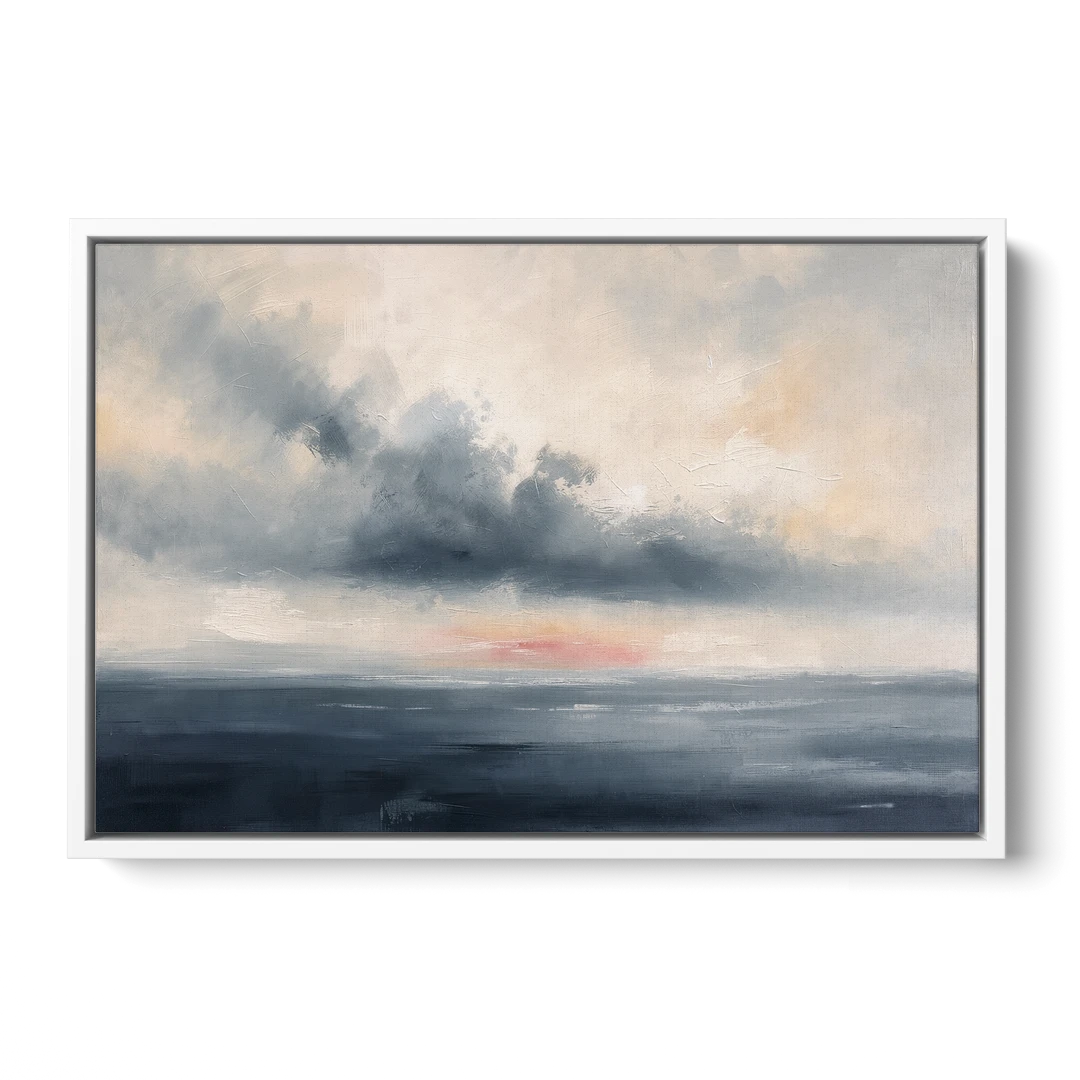 Long Horizontal Cloud Bank Over a Calm Sea - White Framed Canvas Wall Art - Front