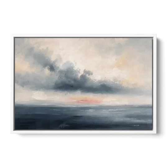 Long Horizontal Cloud Bank Over a Calm Sea - White Framed Canvas Wall Art - Front