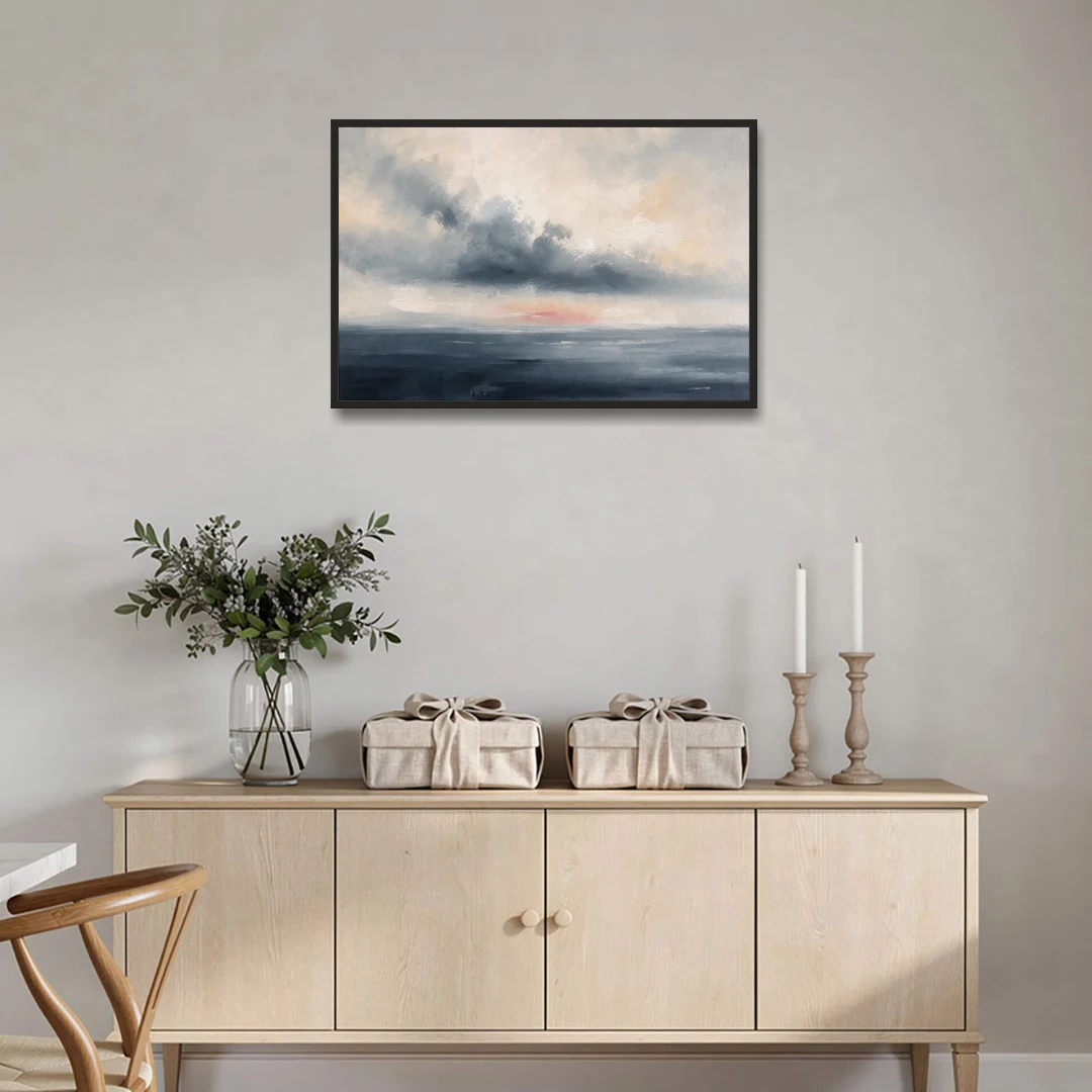 Long Horizontal Cloud Bank Over a Calm Sea - Black Framed Canvas Wall Art - Coffee Table - 36x24