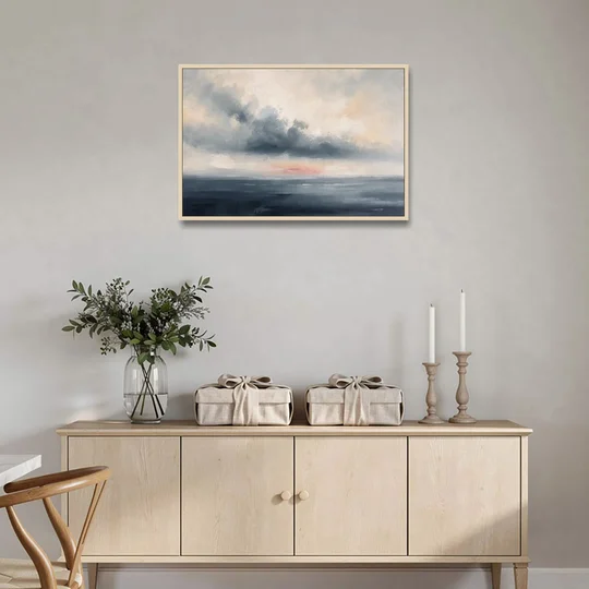 Long Horizontal Cloud Bank Over a Calm Sea - Oak Framed Canvas Wall Art - Coffee Table - 36x24