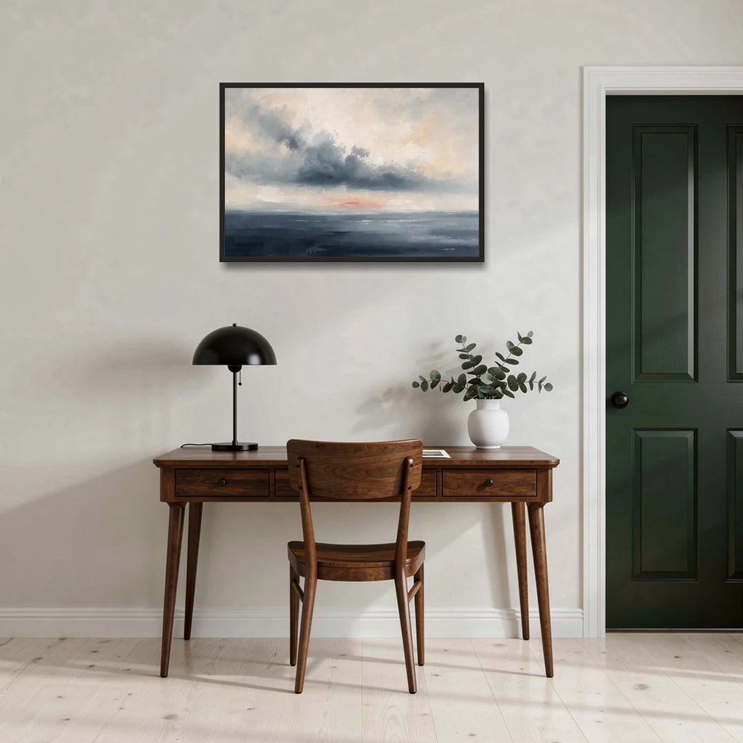 Long Horizontal Cloud Bank Over a Calm Sea - Black Framed Canvas Wall Art - Office - 36x24