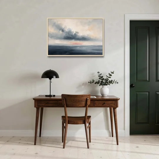 Long Horizontal Cloud Bank Over a Calm Sea - Oak Framed Canvas Wall Art - Office - 36x24