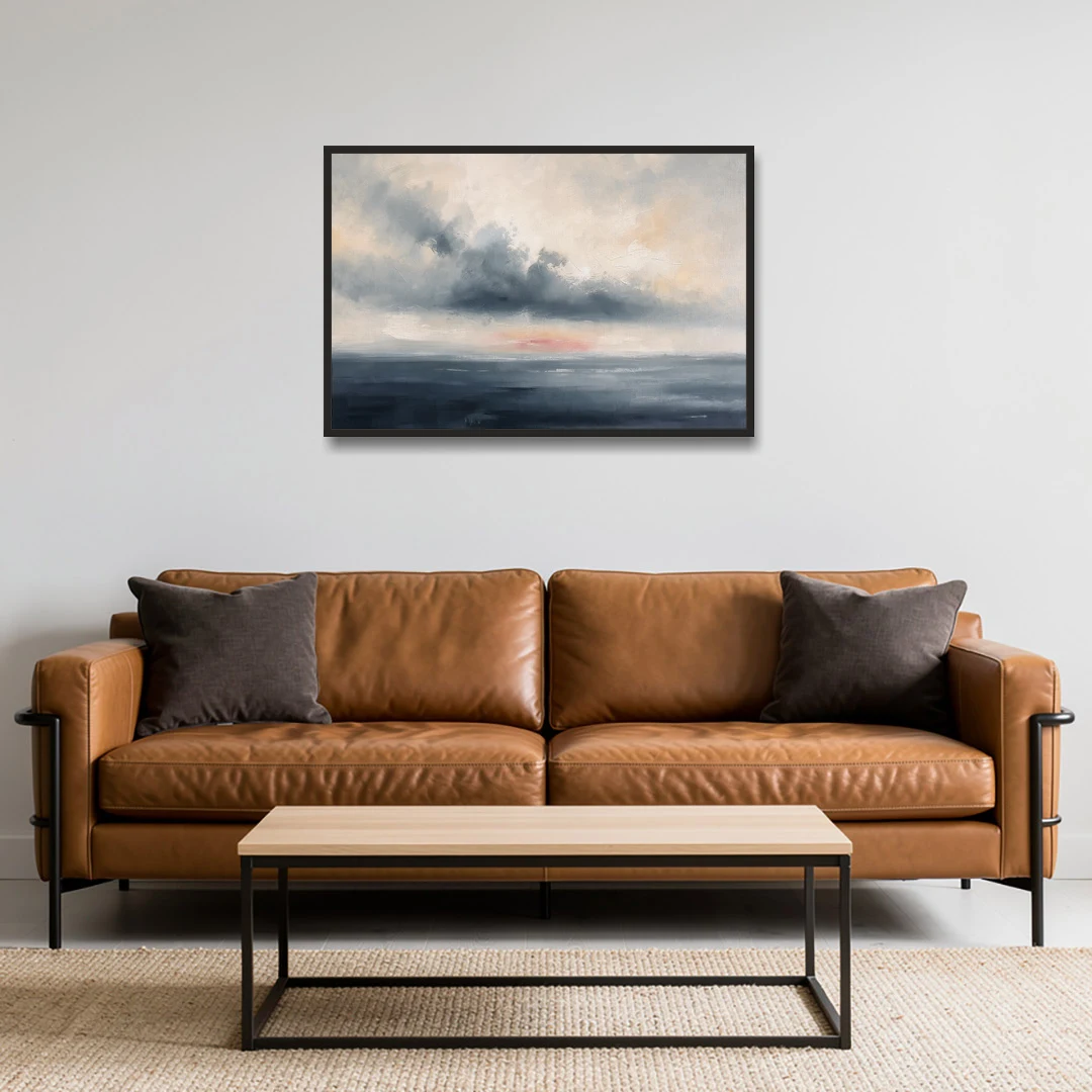 Long Horizontal Cloud Bank Over a Calm Sea - Black Framed Canvas Wall Art - Sofa - 36x24
