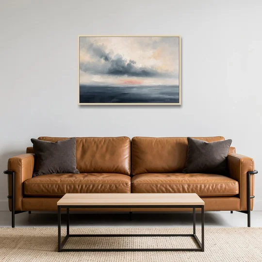 Long Horizontal Cloud Bank Over a Calm Sea - Oak Framed Canvas Wall Art - Sofa - 36x24