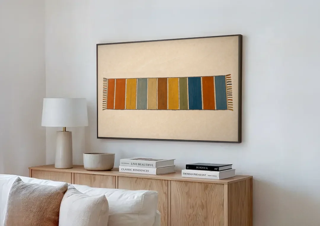 Long Narrow Wall Art of a Painted Rug Runner canvas wall art above a wooden sideboard next to a sofa