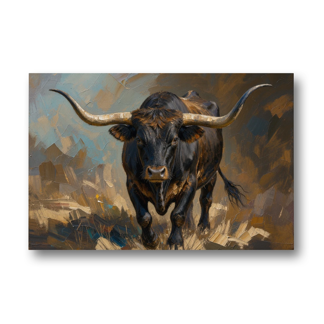 Longhorn Painting of a Black Steer Striding Forward - Canvas Wall Art - Front