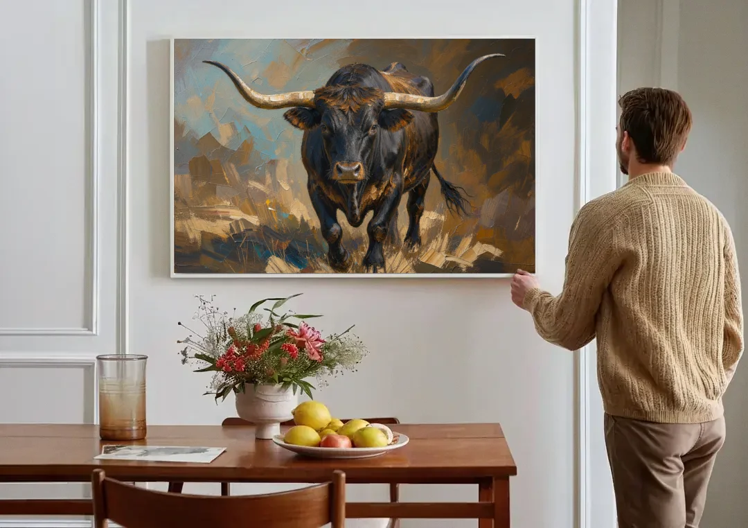 Longhorn Painting of a Black Steer Striding Forward canvas wall art above a dining table