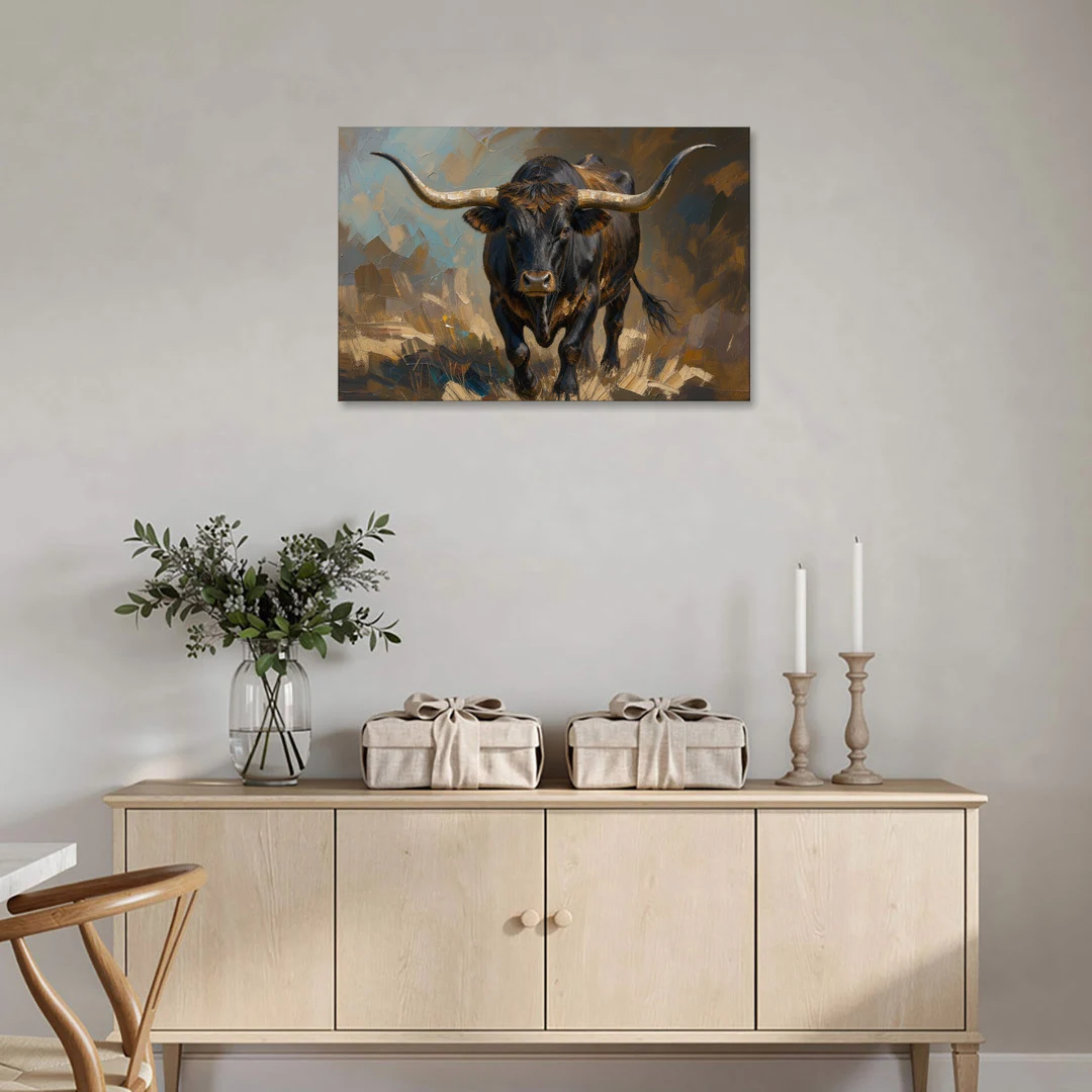 Longhorn Painting of a Black Steer Striding Forward - Canvas Wall Art - Coffee Table - 36x24