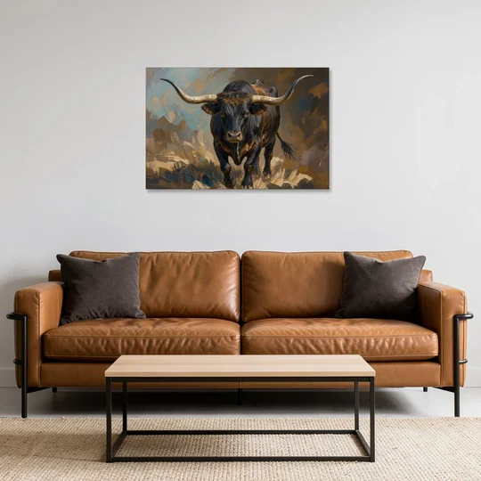 Longhorn Painting of a Black Steer Striding Forward - Canvas Wall Art - Sofa - 36x24
