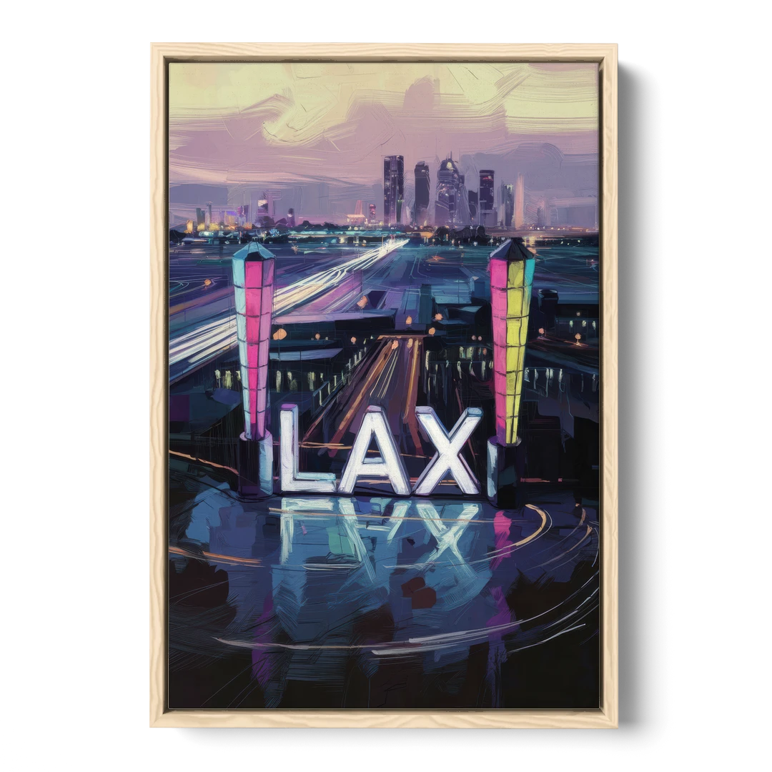Los Angeles Airport Aerial View - Oak Framed Canvas Wall Art - Front