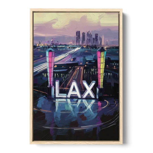 Los Angeles Airport Aerial View - Oak Framed Canvas Wall Art - Front