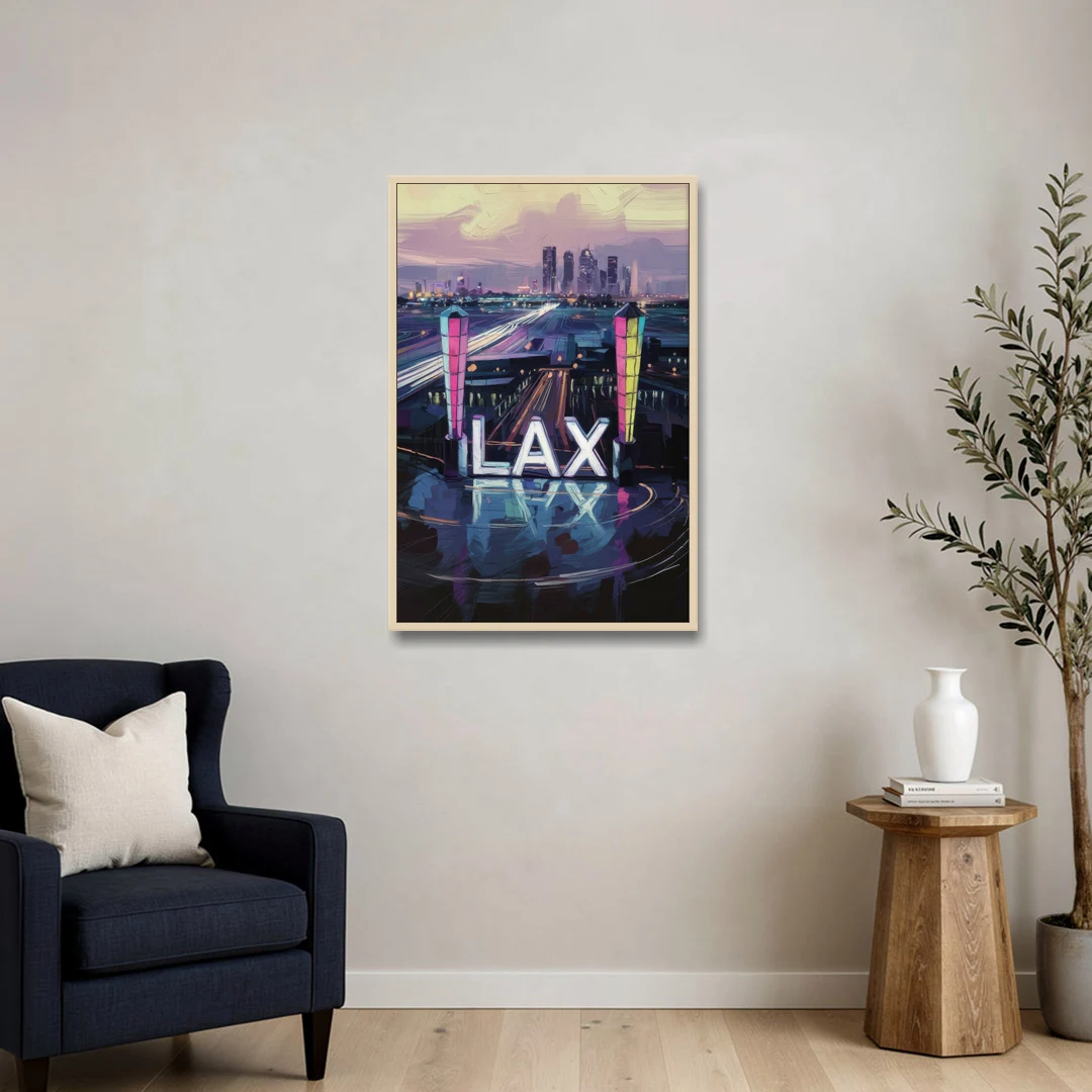 Los Angeles Airport Aerial View - Oak Framed Canvas Wall Art - Sofa - 24x36