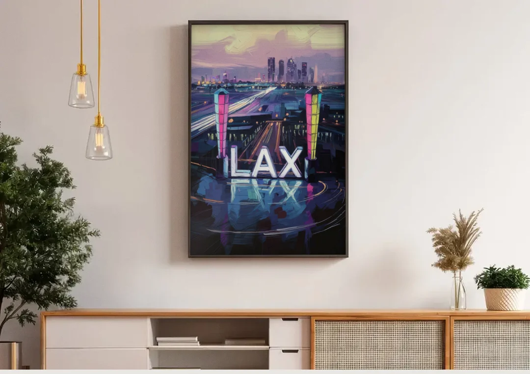 Los Angeles Airport Aerial View canvas wall art above a wooden sideboard under pendant lights
