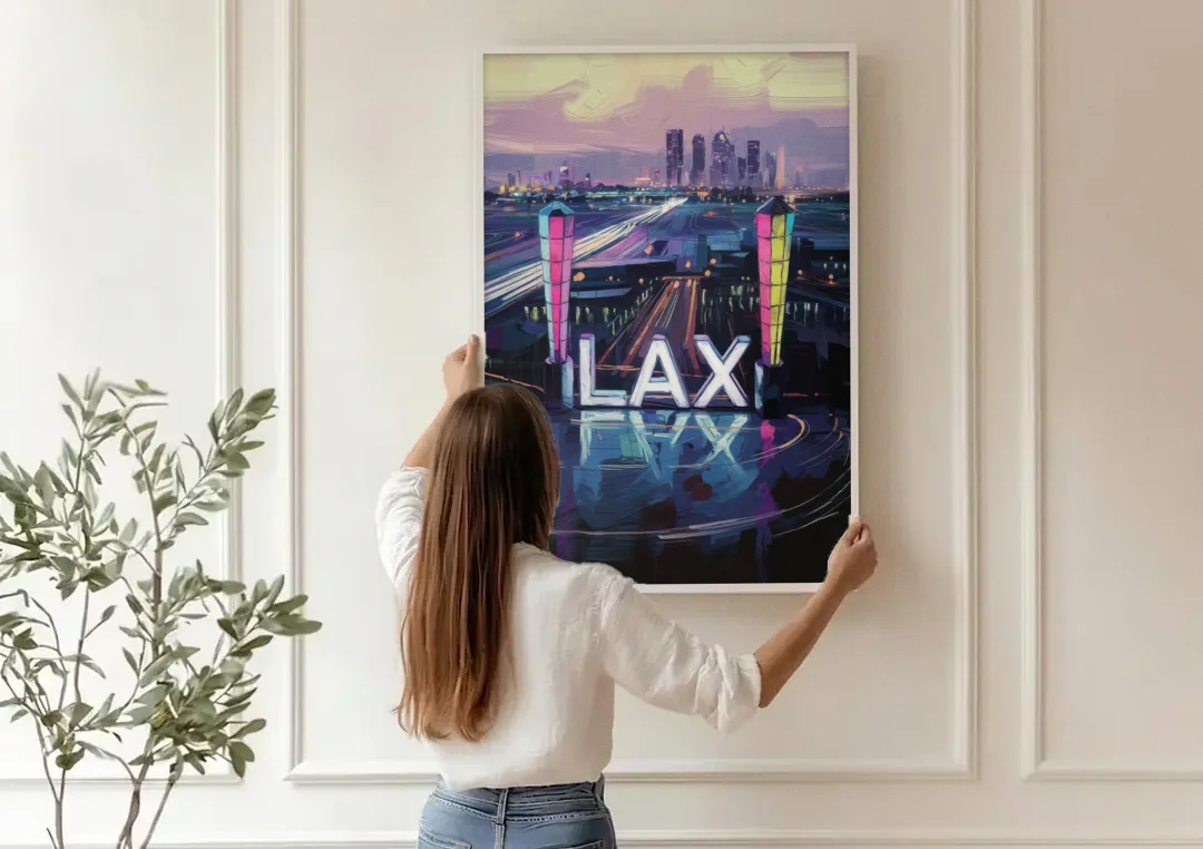 Los Angeles Airport Aerial View canvas wall art being hung on a paneled wall