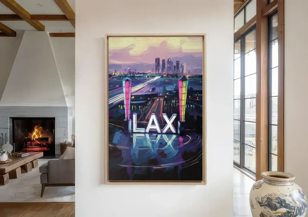 Los Angeles Airport Aerial View canvas wall art in a living room with a fireplace