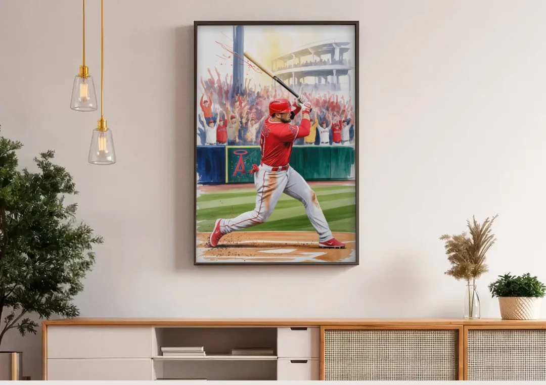 Los Angeles Angels Championship Game canvas wall art above a wooden sideboard under pendant lights