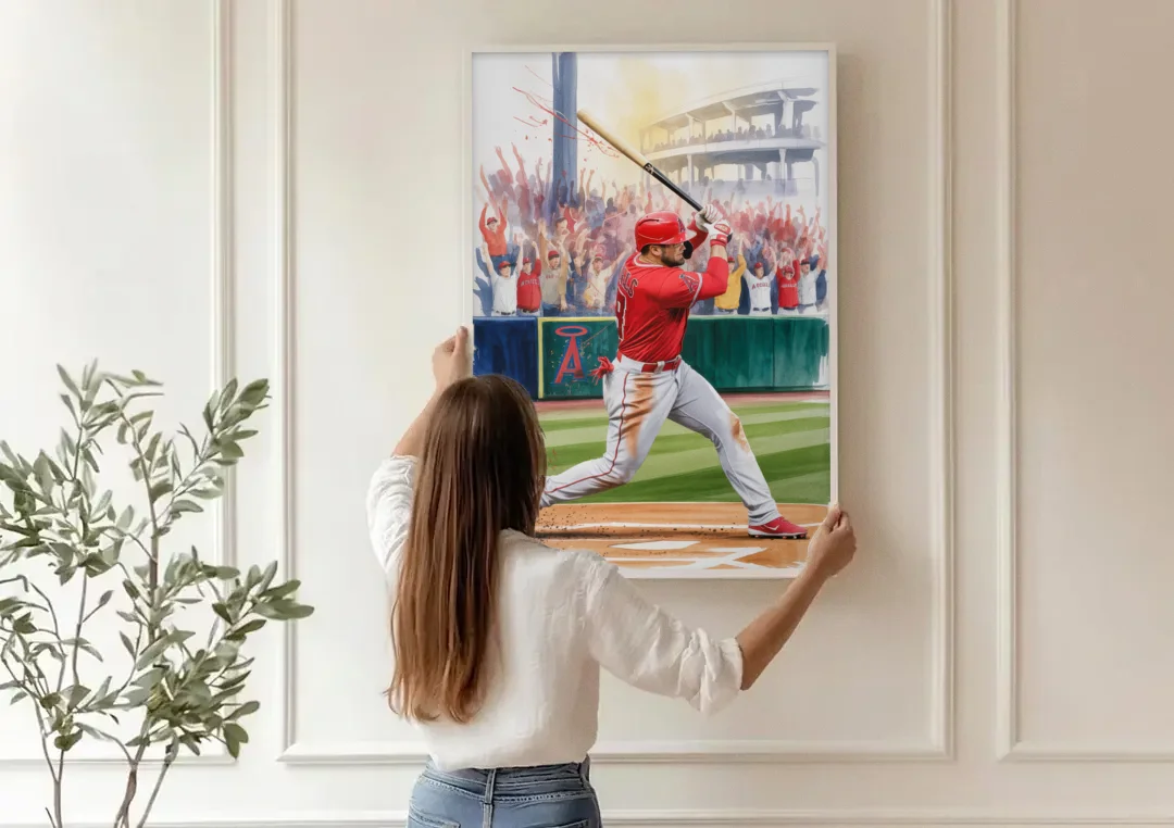 Los Angeles Angels Championship Game canvas wall art being hung on a paneled wall