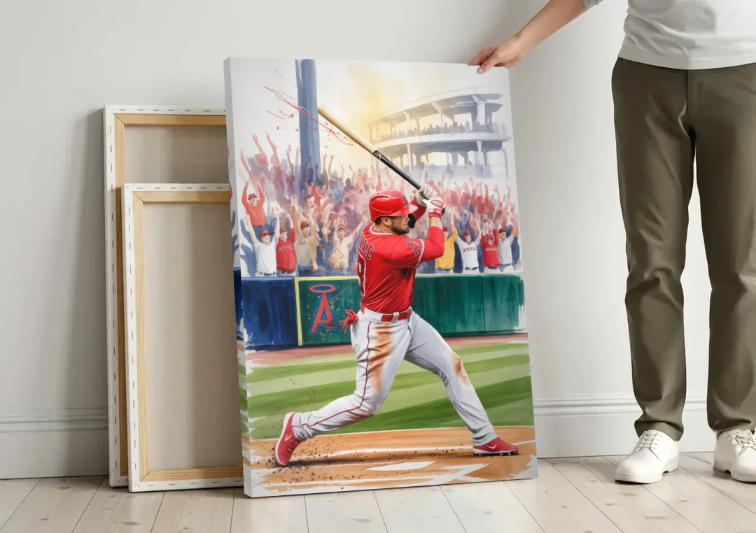 Los Angeles Angels Championship Game canvas wall art leaning against a wall next to blank canvases