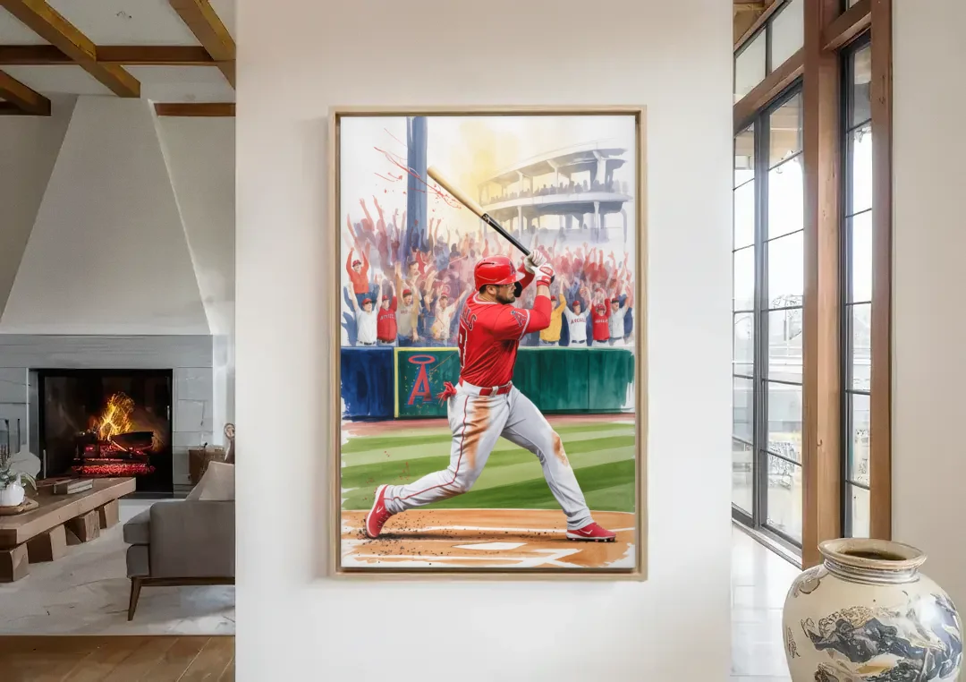 Los Angeles Angels Championship Game canvas wall art in a living room with a fireplace
