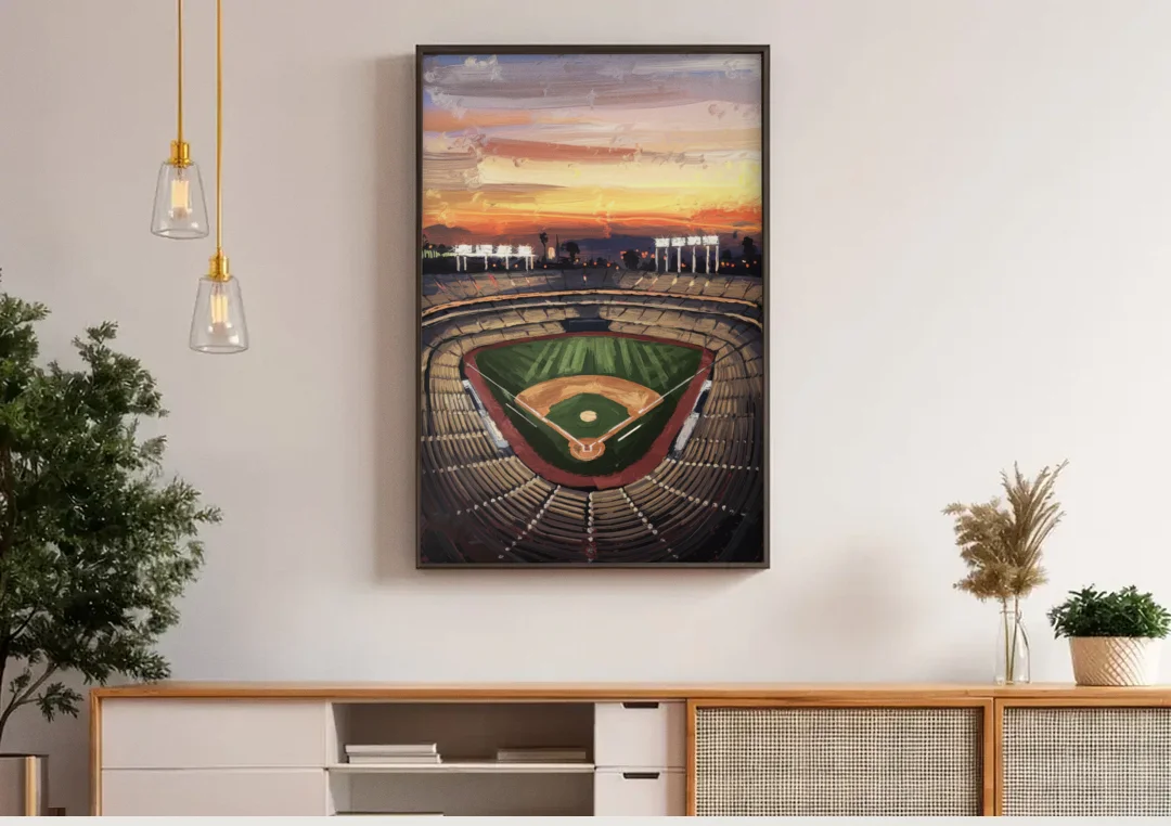 Los Angeles Angels Stadium canvas wall art above a wooden sideboard under pendant lights