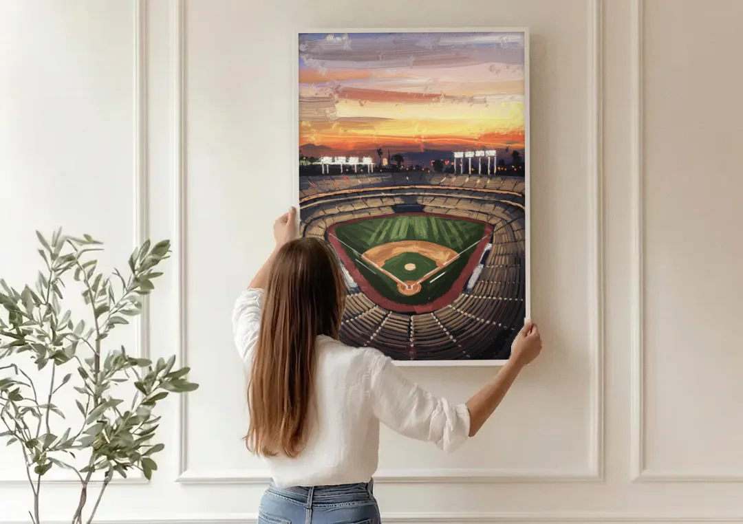 Los Angeles Angels Stadium canvas wall art being hung on a paneled wall