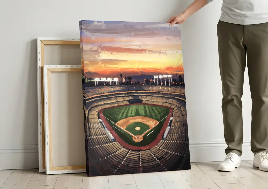 Los Angeles Angels Stadium canvas wall art leaning against a wall next to blank canvases