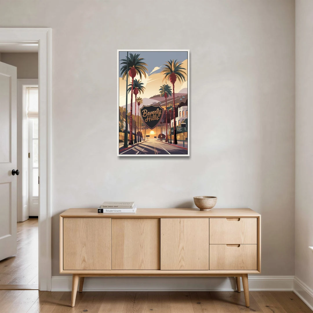 Los Angeles Beverly Hills Charm - White Framed Canvas Wall Art - Coffee Table - 24x36