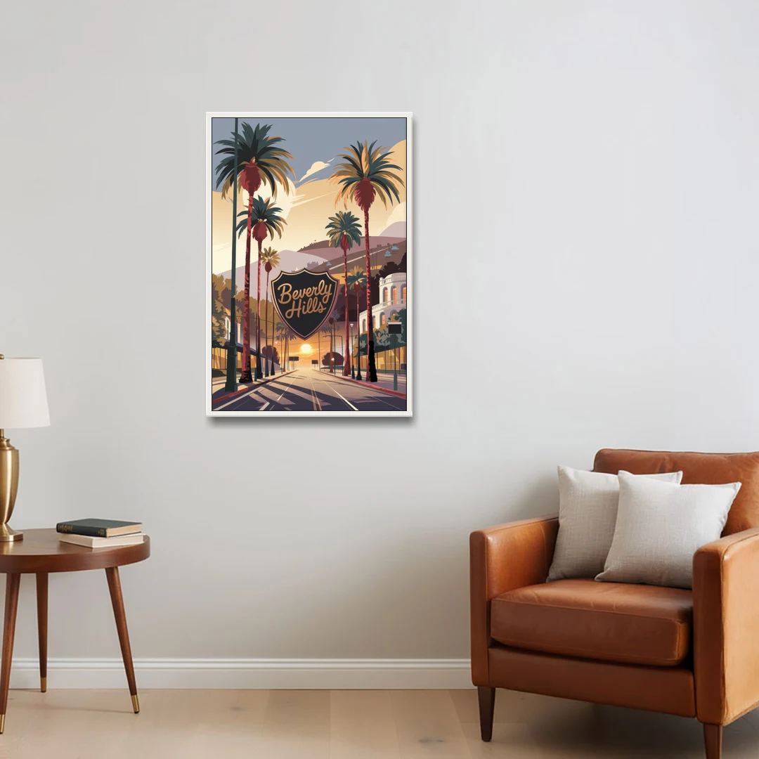 Los Angeles Beverly Hills Charm - White Framed Canvas Wall Art - Sofa - 24x36