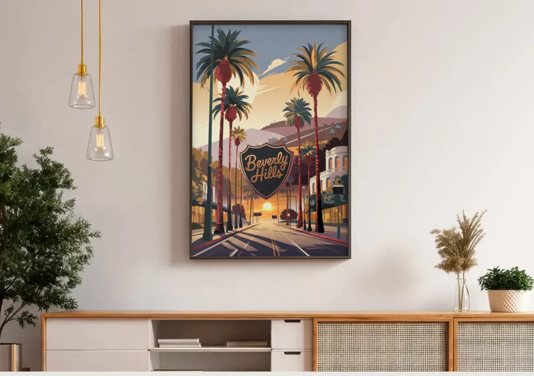 Los Angeles Beverly Hills Charm canvas wall art above a wooden sideboard under pendant lights