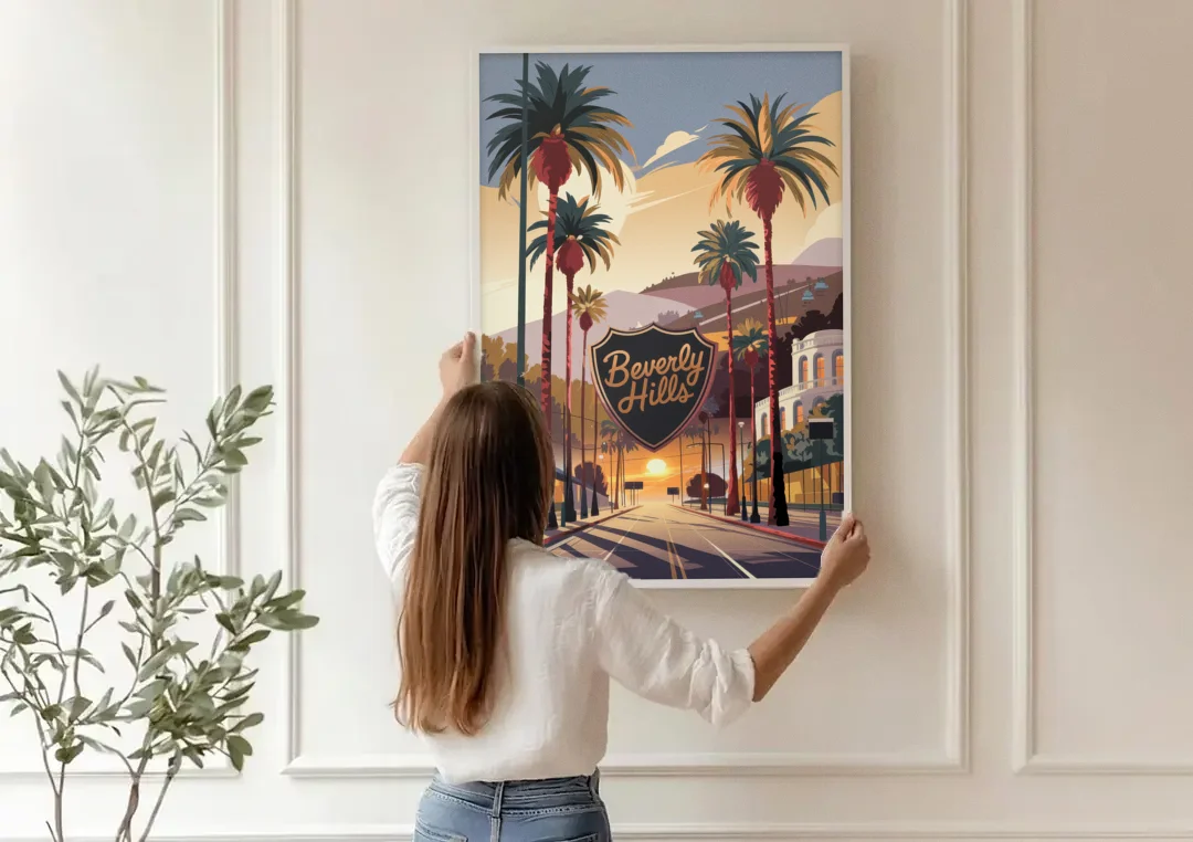 Los Angeles Beverly Hills Charm canvas wall art being hung on a paneled wall