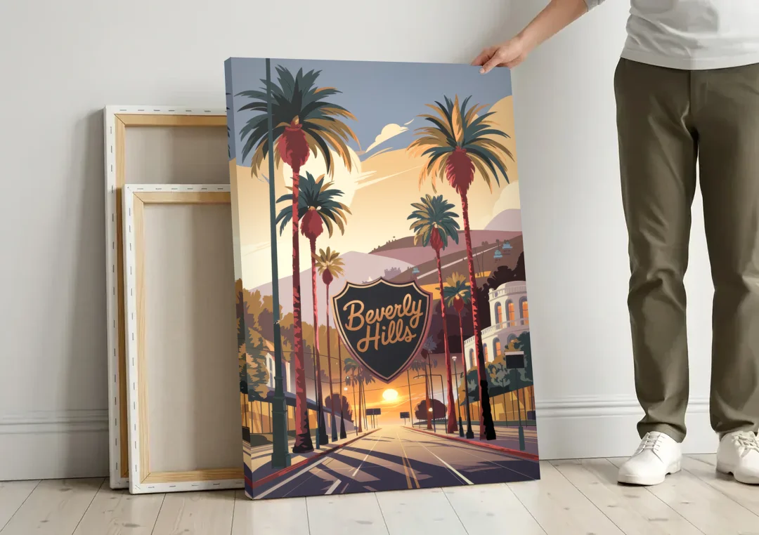 Los Angeles Beverly Hills Charm canvas wall art leaning against a wall next to blank canvases
