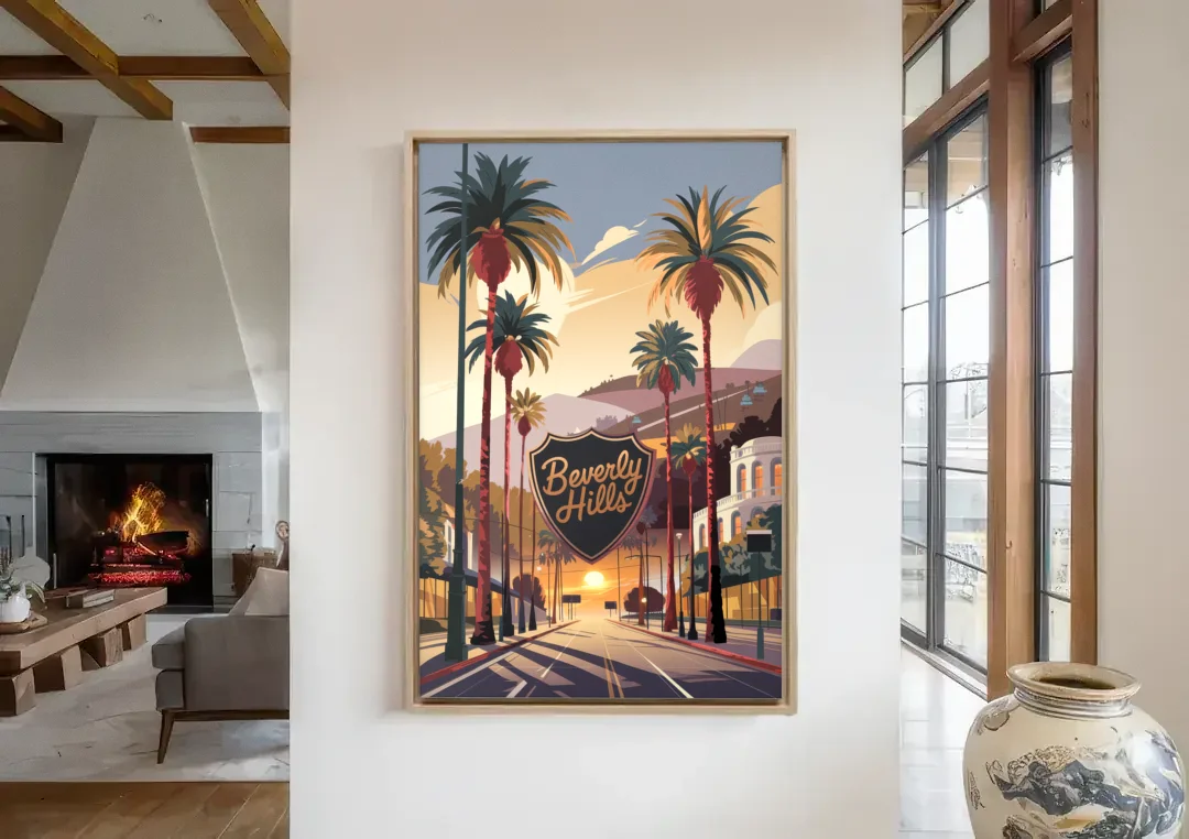 Los Angeles Beverly Hills Charm canvas wall art in a living room with a fireplace