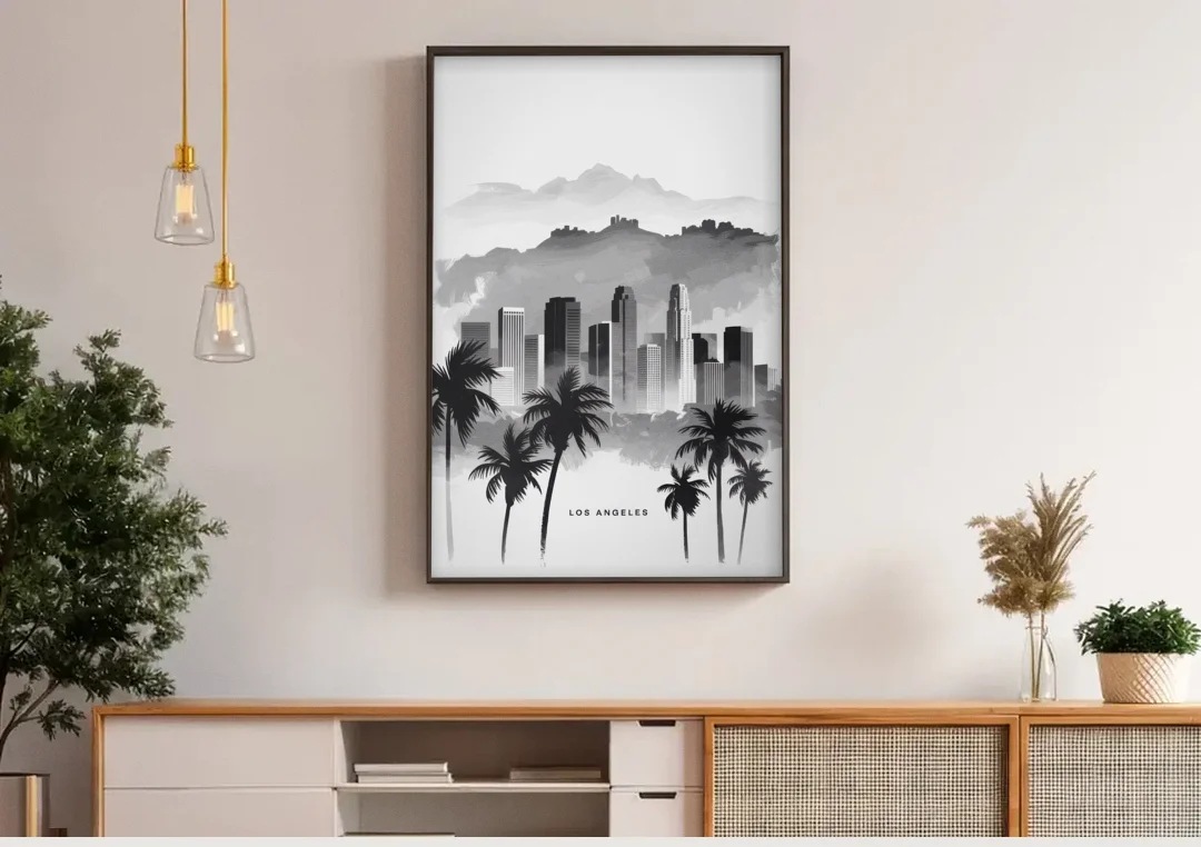 Los Angeles Black and White Cityscape canvas wall art above a wooden sideboard under pendant lights